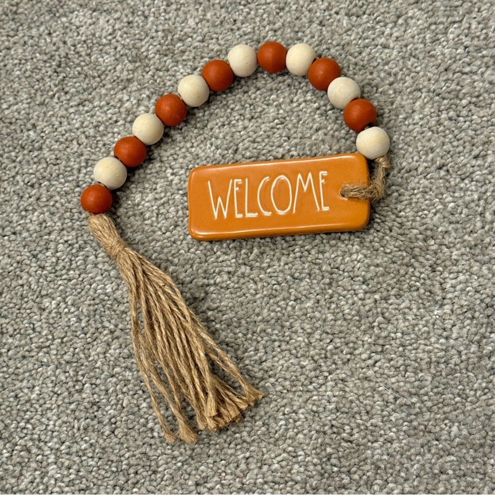 Rae Dunn Farmhouse Rustic Wood Beads Garland Ceramic Tag Farmhouse Fall Welcome